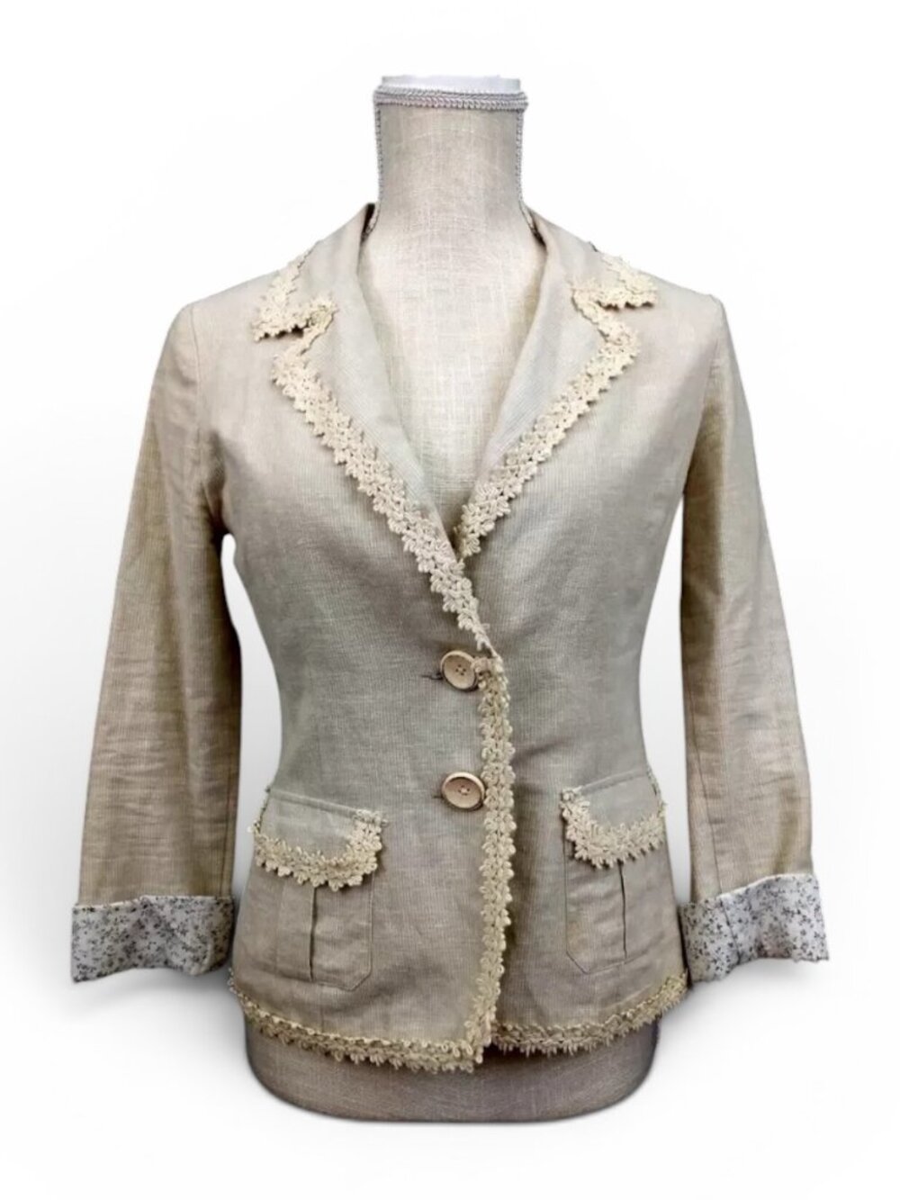 Nick & Mo Anthropologie Beige Linen Blend Crochet Trim Blazer - M NWT